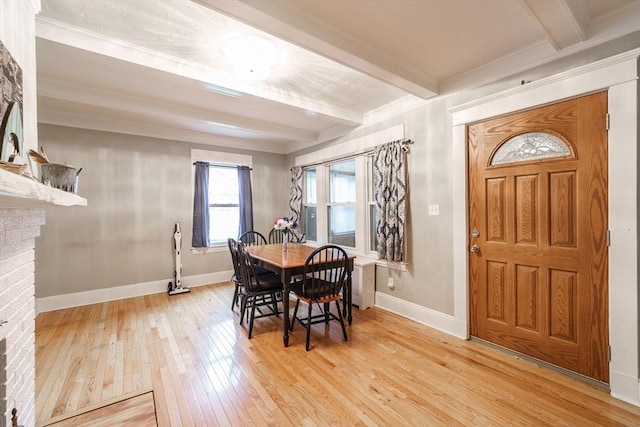 71 Daviston St, Springfield, MA 01108 - dining room featuring beam ceiling, light wood-style flooring, baseboards, and ornamental molding