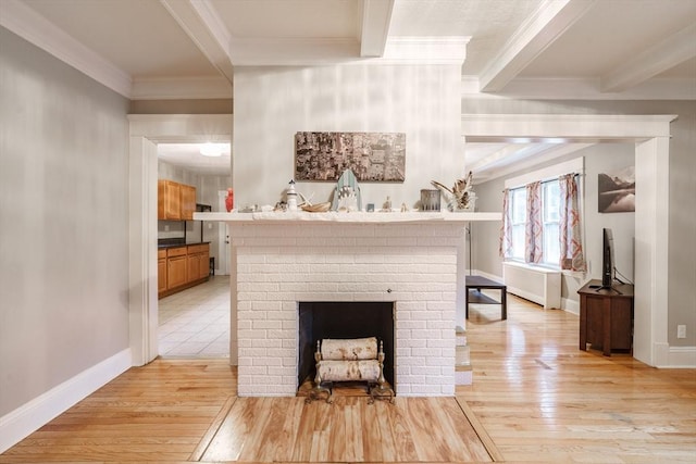 71 Daviston St, Springfield, MA 01108 - detailed view of wood finished floors, beamed ceiling, crown molding, baseboards, and a fireplace