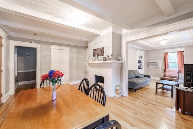 71 Daviston St, Springfield, MA 01108 - dining space with beam ceiling, ornamental molding, wood finished floors, a wall mounted AC, and baseboards