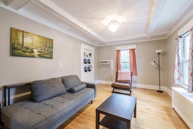71 Daviston St, Springfield, MA 01108 - living area with radiator, an AC wall unit, light wood-style flooring, and baseboards