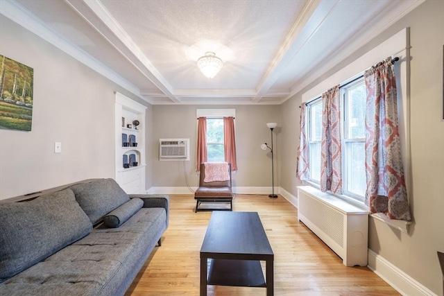 71 Daviston St, Springfield, MA 01108 - living area featuring radiator, an AC wall unit, light wood-style flooring, baseboards, and crown molding