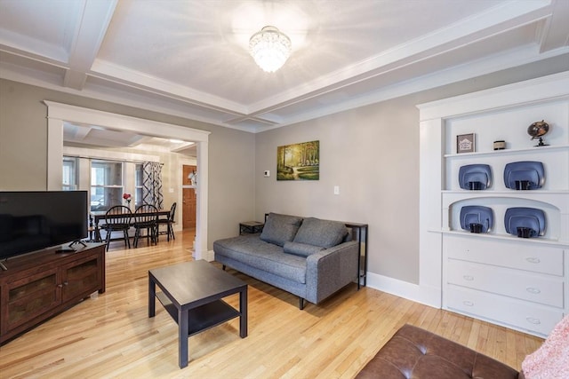 71 Daviston St, Springfield, MA 01108 - living room featuring wood finished floors, baseboards, coffered ceiling, beam ceiling, and crown molding