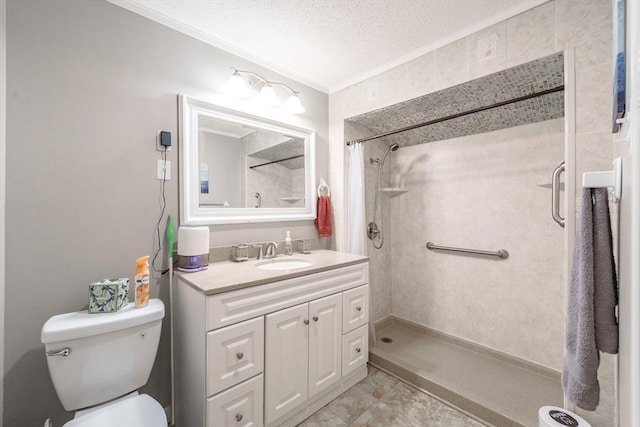 71 Daviston St, Springfield, MA 01108 - bathroom featuring a textured ceiling, ornamental molding, vanity, tiled shower, and toilet