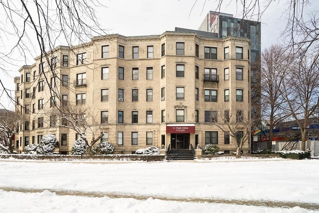 view of snow covered property