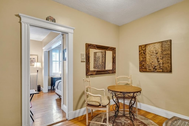 living area featuring radiator, a textured ceiling, and light hardwood / wood-style floors