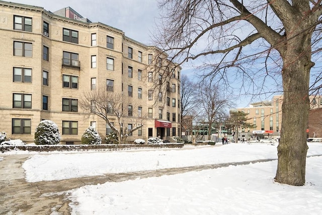 view of snow covered building