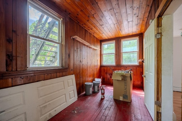 bathroom featuring healthy amount of natural light, hardwood / wood-style flooring, wooden ceiling, and wooden walls