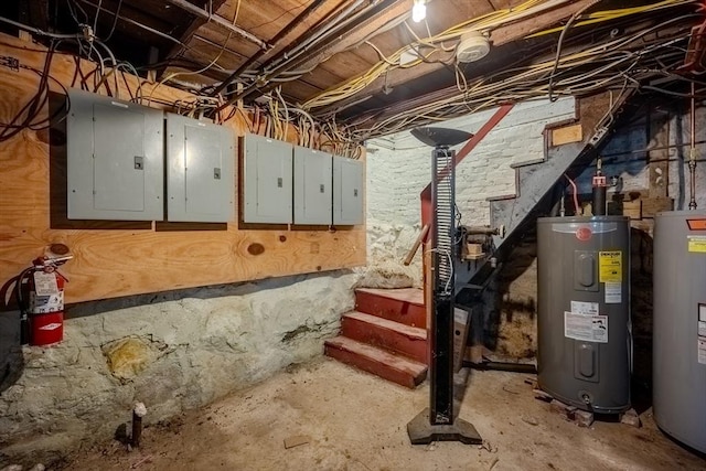 unfinished basement with water heater and electric panel