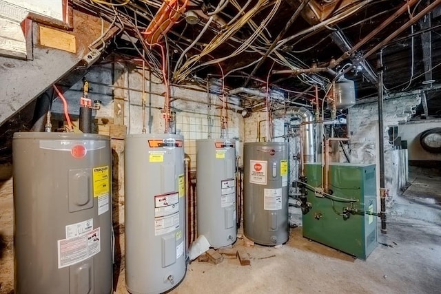 utility room with water heater and a heating unit