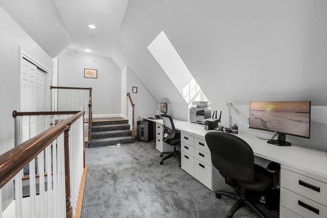 home office featuring recessed lighting, carpet flooring, and vaulted ceiling