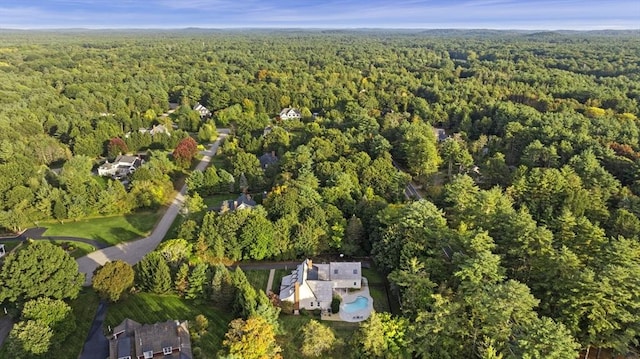 birds eye view of property featuring a wooded view