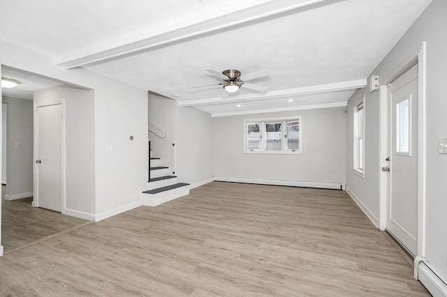 unfurnished living room featuring a baseboard heating unit, beam ceiling, and light hardwood / wood-style flooring