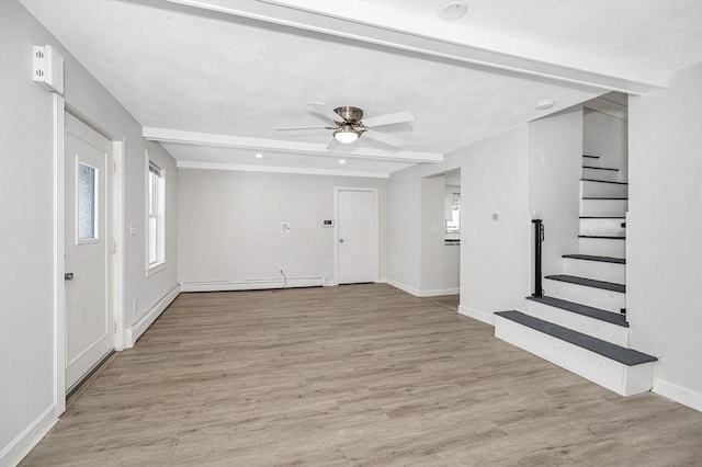 unfurnished living room featuring beamed ceiling, plenty of natural light, ceiling fan, and light hardwood / wood-style flooring