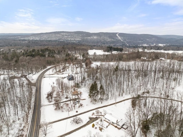 snowy aerial view with a mountain view