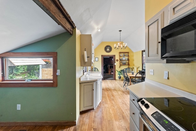 kitchen with light wood-type flooring, stainless steel electric stove, hanging light fixtures, a notable chandelier, and lofted ceiling with beams