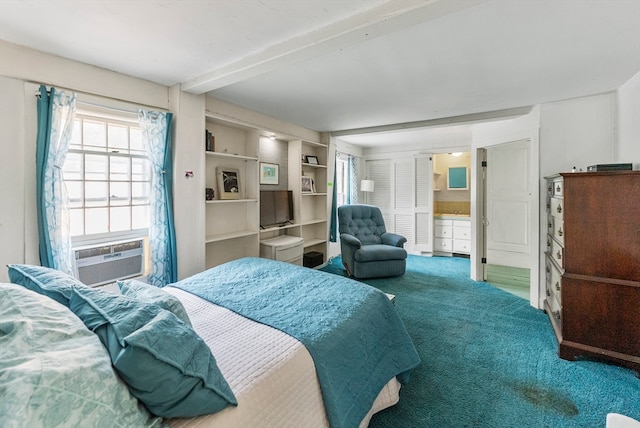 carpeted bedroom featuring beamed ceiling and cooling unit