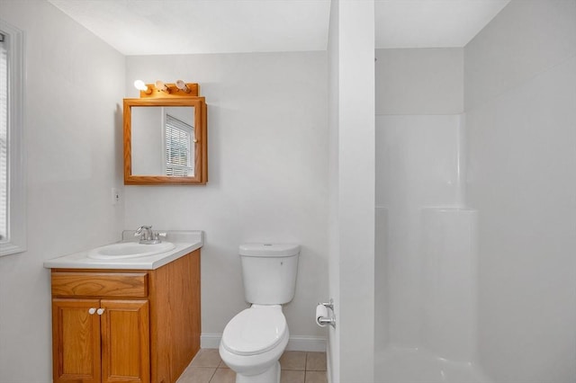 bathroom featuring walk in shower, tile patterned flooring, vanity, and toilet