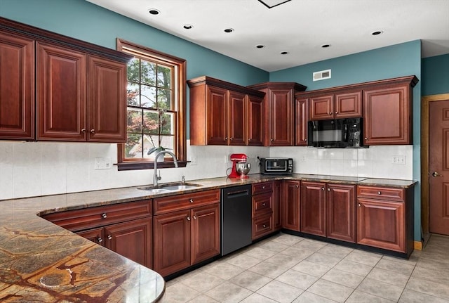 294 Cardinal Way, Northampton, MA 01062 - kitchen with black appliances, decorative backsplash, dark stone counters, light tile patterned flooring, and recessed lighting