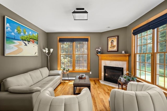 294 Cardinal Way, Northampton, MA 01062 - living room with a baseboard radiator, plenty of natural light, a tiled fireplace, and wood finished floors