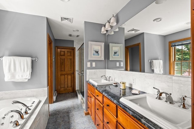 294 Cardinal Way, Northampton, MA 01062 - full bathroom with a stall shower, double vanity, a jetted tub, and baseboard heating