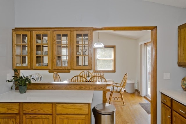 dining room featuring light wood-type flooring and vaulted ceiling