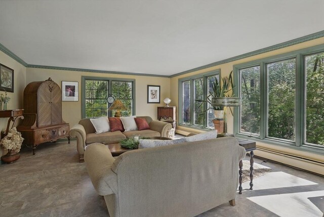 128 Lovell Rd, Holden, MA 01520 - living area with healthy amount of natural light, ornamental molding, and a baseboard radiator