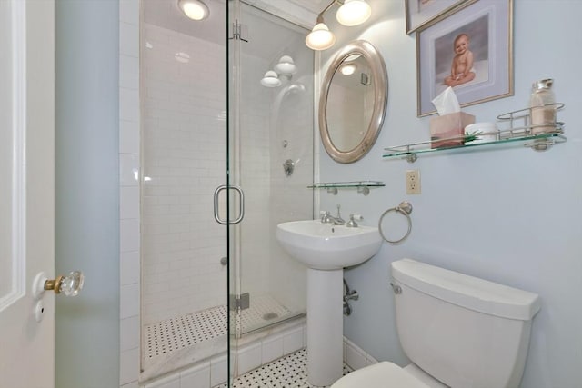 full bathroom featuring toilet, a stall shower, and a sink