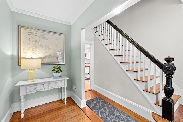 12 Short St, Cohasset, MA 02025 - staircase featuring wood finished floors and ornamental molding