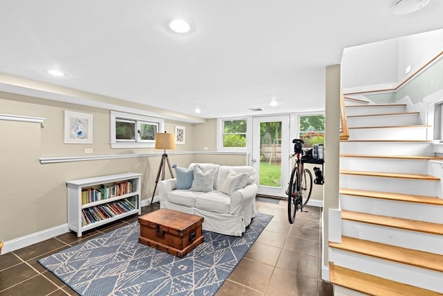 12 Short St, Cohasset, MA 02025 - living area featuring tile patterned flooring, stairway, and recessed lighting