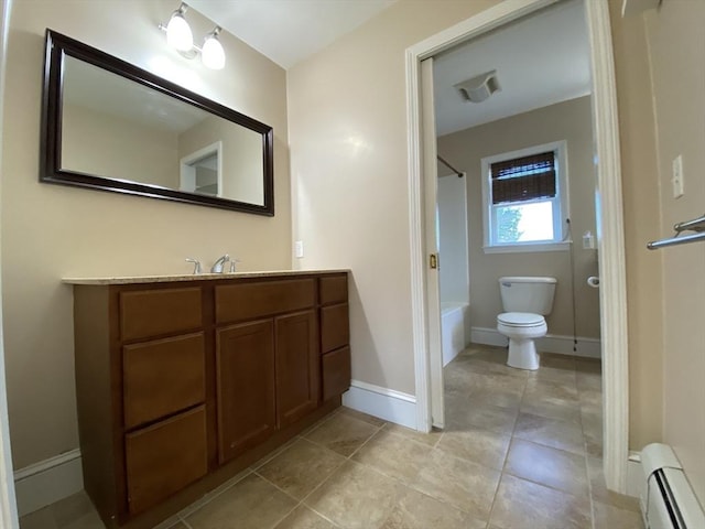 full bathroom featuring baseboard heating, vanity, tile patterned flooring, toilet, and shower / bathing tub combination