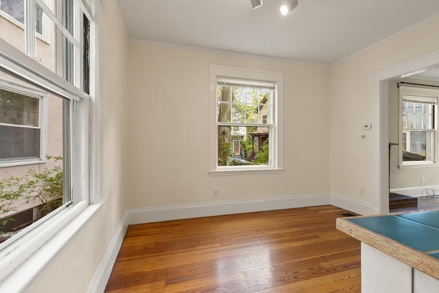 spare room with wood finished floors, baseboards, and crown molding