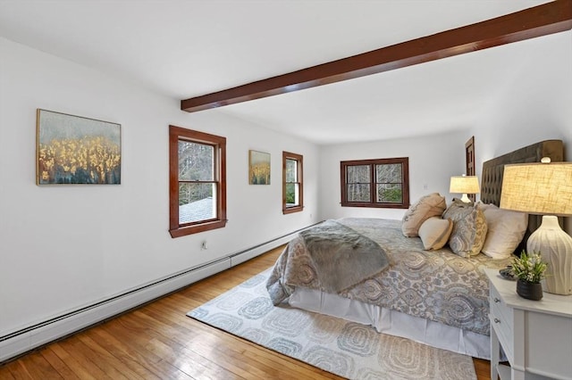 bedroom featuring wood finished floors, beam ceiling, and multiple windows