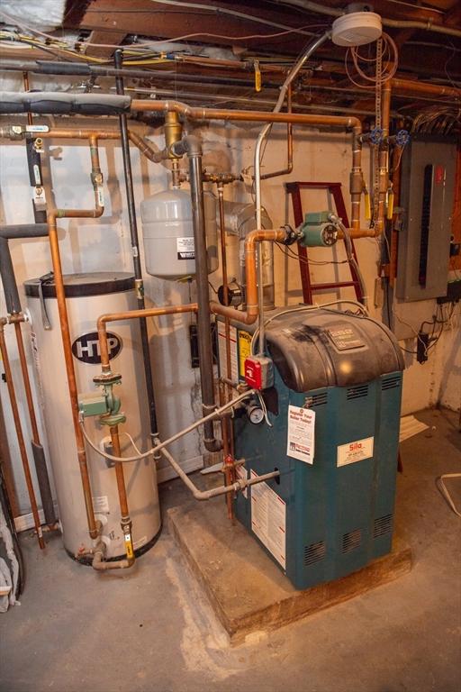 15 Lambert Ave, Stoughton, MA 02072 - utility room featuring secured water heater, electric panel, and a heating unit