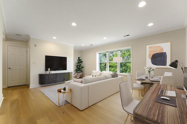 188 Newton Unit 6, Boston, MA 02135 - living area featuring light wood finished floors, recessed lighting, ornamental molding, and baseboards