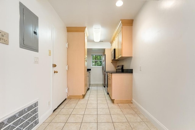 188 Newton Unit 6, Boston, MA 02135 - kitchen featuring electric panel, appliances with stainless steel finishes, light brown cabinetry, dark countertops, and baseboards