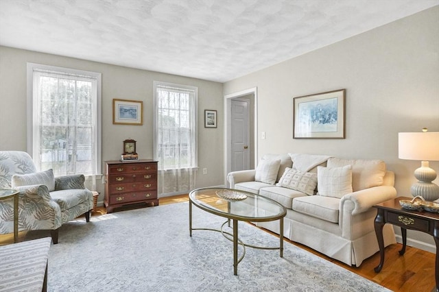 155 Burlington St, Woburn, MA 01801 - living area with wood finished floors, a textured ceiling, and baseboards