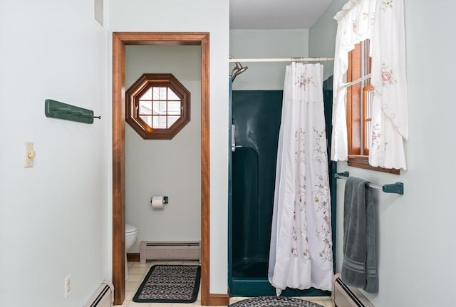 bathroom with toilet, a baseboard radiator, and a shower stall