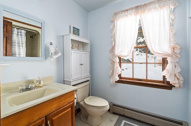 bathroom featuring a shower with curtain, toilet, vanity, and baseboard heating