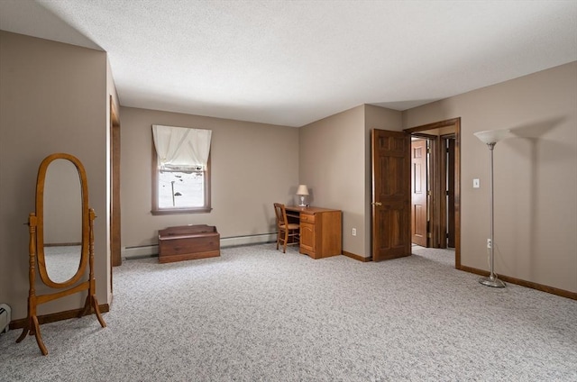 interior space featuring baseboard heating, a baseboard heating unit, light carpet, a textured ceiling, and baseboards