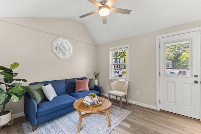 31 Webster St, Randolph, MA 02368 - living room featuring light wood-type flooring, a ceiling fan, baseboards, and lofted ceiling