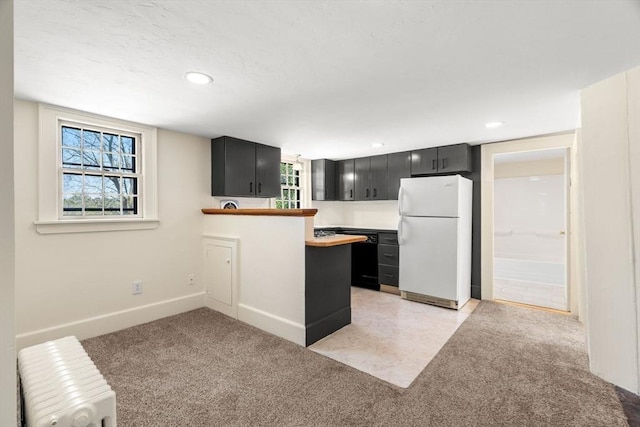 6 River St, Salem, MA 01970 - kitchen with freestanding refrigerator, dark cabinets, light carpet, recessed lighting, and a peninsula