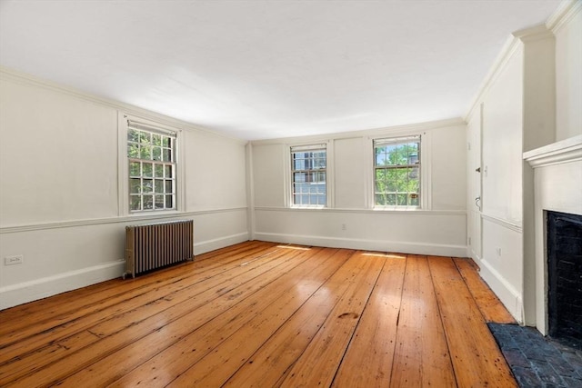 6 River St, Salem, MA 01970 - unfurnished living room with radiator, hardwood / wood-style floors, a fireplace, plenty of natural light, and crown molding