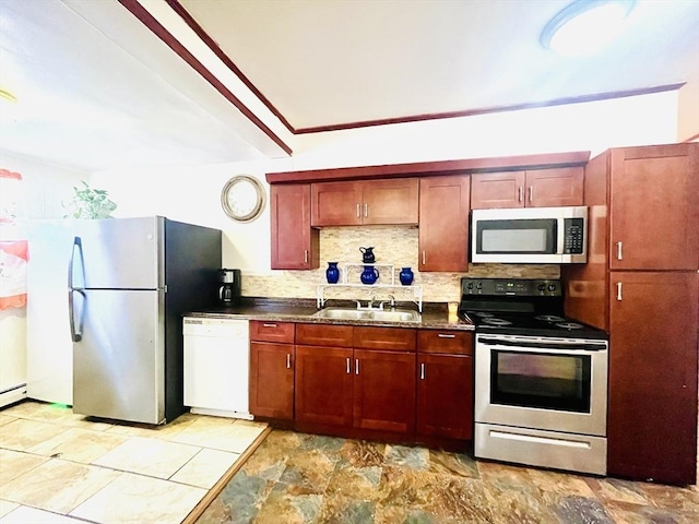 173 Brookway Rd, Boston, MA 02131 - kitchen featuring stainless steel appliances, a sink, dark countertops, and tasteful backsplash