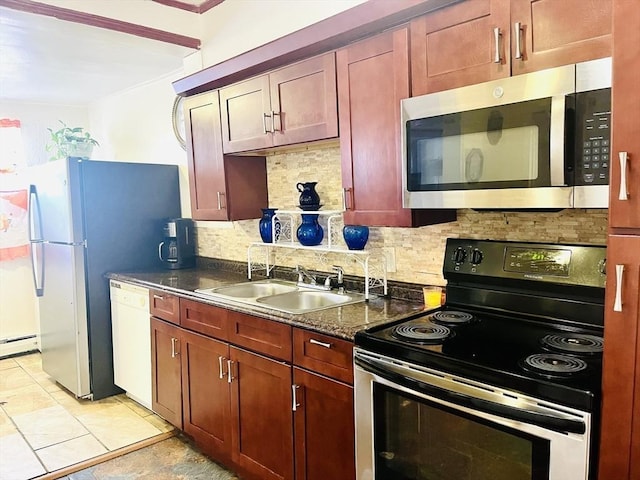 173 Brookway Rd, Boston, MA 02131 - kitchen with stainless steel appliances, a sink, backsplash, and a baseboard heating unit