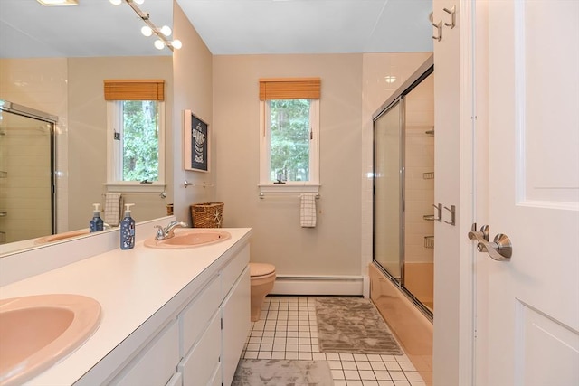 28 Smithshire Ests, Andover, MA 01810 - full bathroom featuring a baseboard radiator, tile patterned flooring, double vanity, and shower / bath combination with glass door