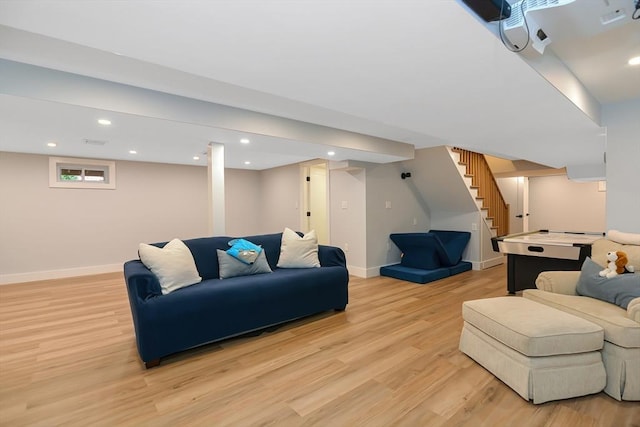 28 Smithshire Ests, Andover, MA 01810 - living area with light wood-style floors, stairway, and recessed lighting