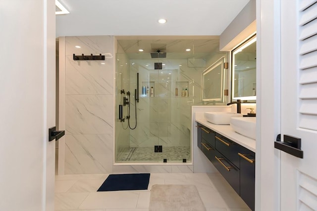 28 Smithshire Ests, Andover, MA 01810 - full bath featuring a marble finish shower, double vanity, and recessed lighting