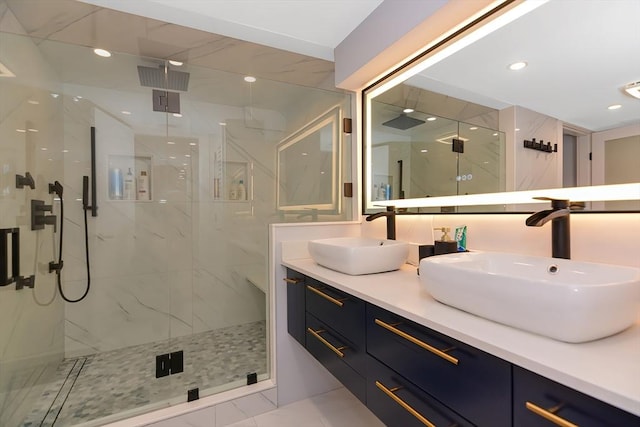 28 Smithshire Ests, Andover, MA 01810 - full bathroom with a marble finish shower, double vanity, and recessed lighting