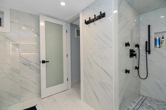 28 Smithshire Ests, Andover, MA 01810 - full bath with a marble finish shower, marble look tiles, and recessed lighting