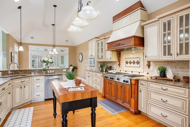 7 Buckhide Rd, Windham, NH 03087 - kitchen featuring cream cabinets, a sink, appliances with stainless steel finishes, custom range hood, and vaulted ceiling